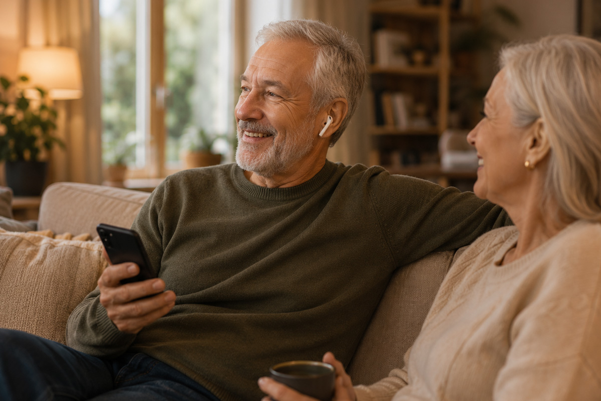 A person listening comfortably with AirPods in a relaxed setting